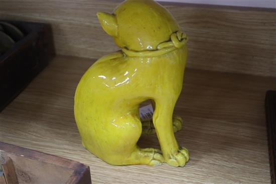 Two Chinese porcelain censers, a yellow glazed cat and a blue and white spoon warmer